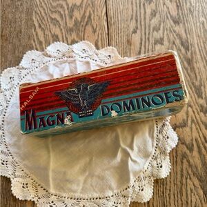 VTG Halsam Magna Dominoes Box - Red & Teal Stripes (1940's)